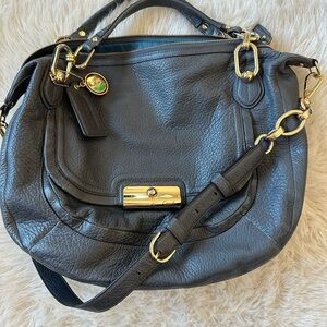 Coach Kristin Gray Leather Shoulder Bag with Gold Accents round satchel